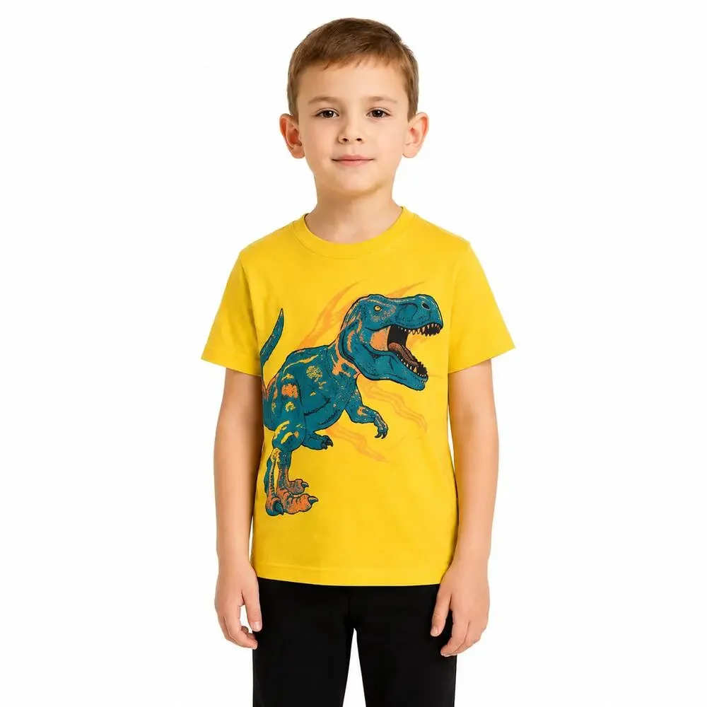 The Children Place Boys Yellow Dinosaur Graphic T-Shirt Size 8 Short Sleeve EUC